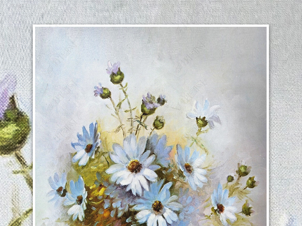 欧式蓝色雏菊花卉油画玄关装饰画
