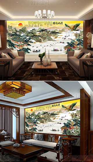 高清楼阁雄鹰工笔山水锦绣山河风水画背景墙