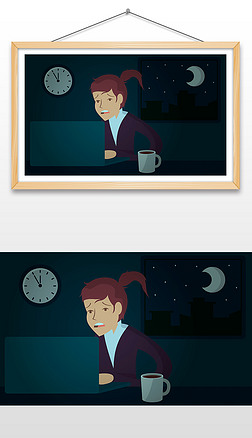 手绘一个在半夜辛苦加班的女孩插画设计ai