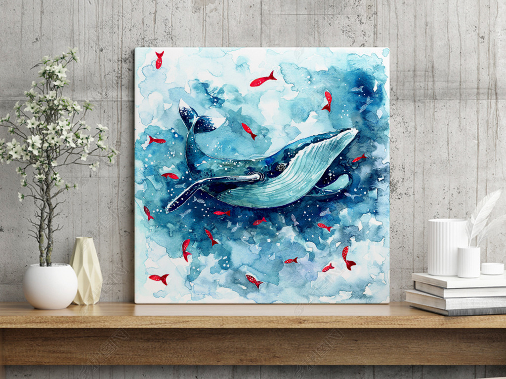手绘水彩海豚海洋装饰画