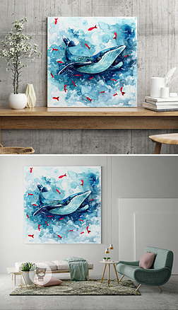 手绘水彩海豚海洋装饰画