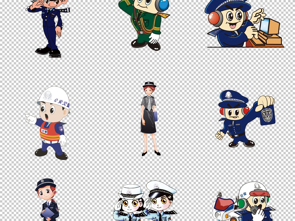 卡通警察公安消防交警人物警徽设计素材PNG