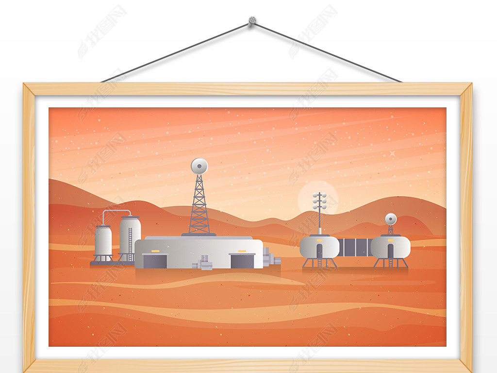 原创手绘在火星表面建立人类居住地插画概念图