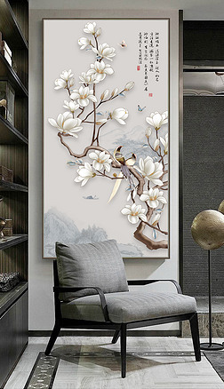 白绘玄关|雅室兰香手绘玉兰新中式玉兰玉兰花鸟