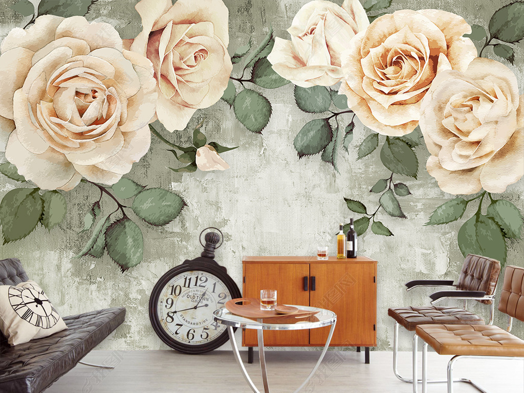 原创复古手绘玫瑰背景墙