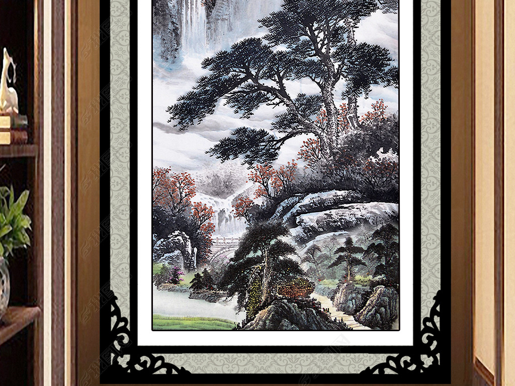 古松瀑布水墨画下载-编号18330598-山水装饰画-我图网