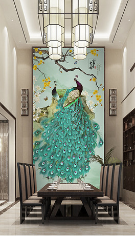 新中式工笔蓝孔雀花鸟玄关背景墙装饰画