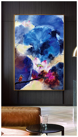 泼墨艺术画装饰画|手绘泼墨荷花油画装饰无框画