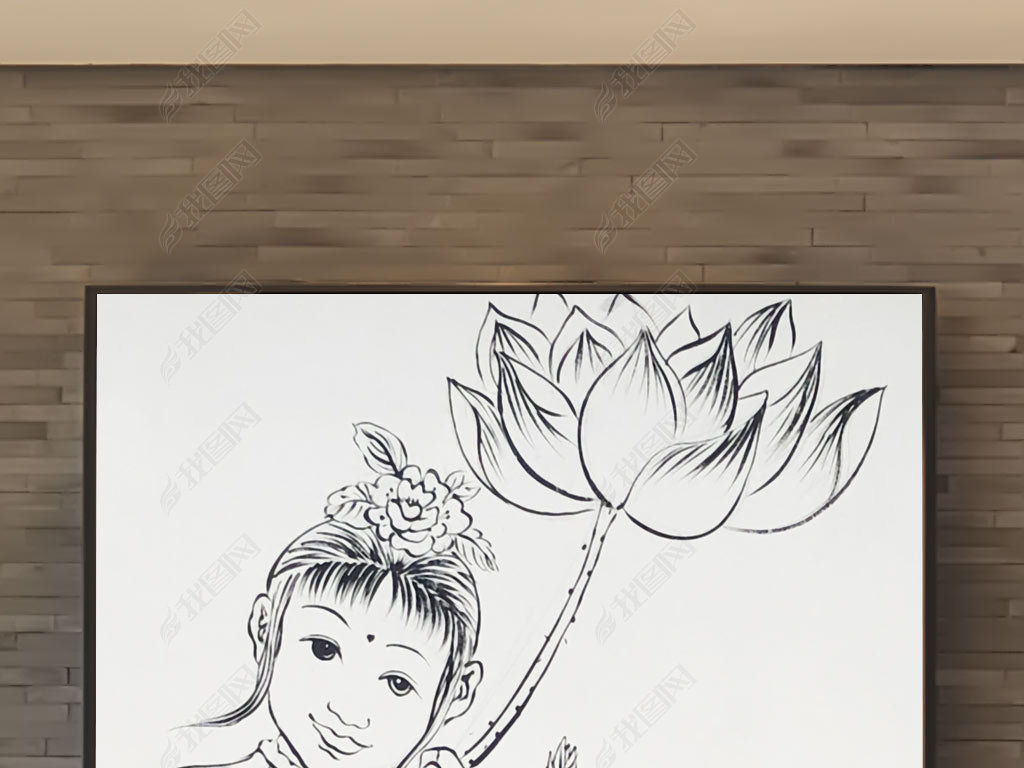 童子仙童荷花中式玄关背景墙装饰画