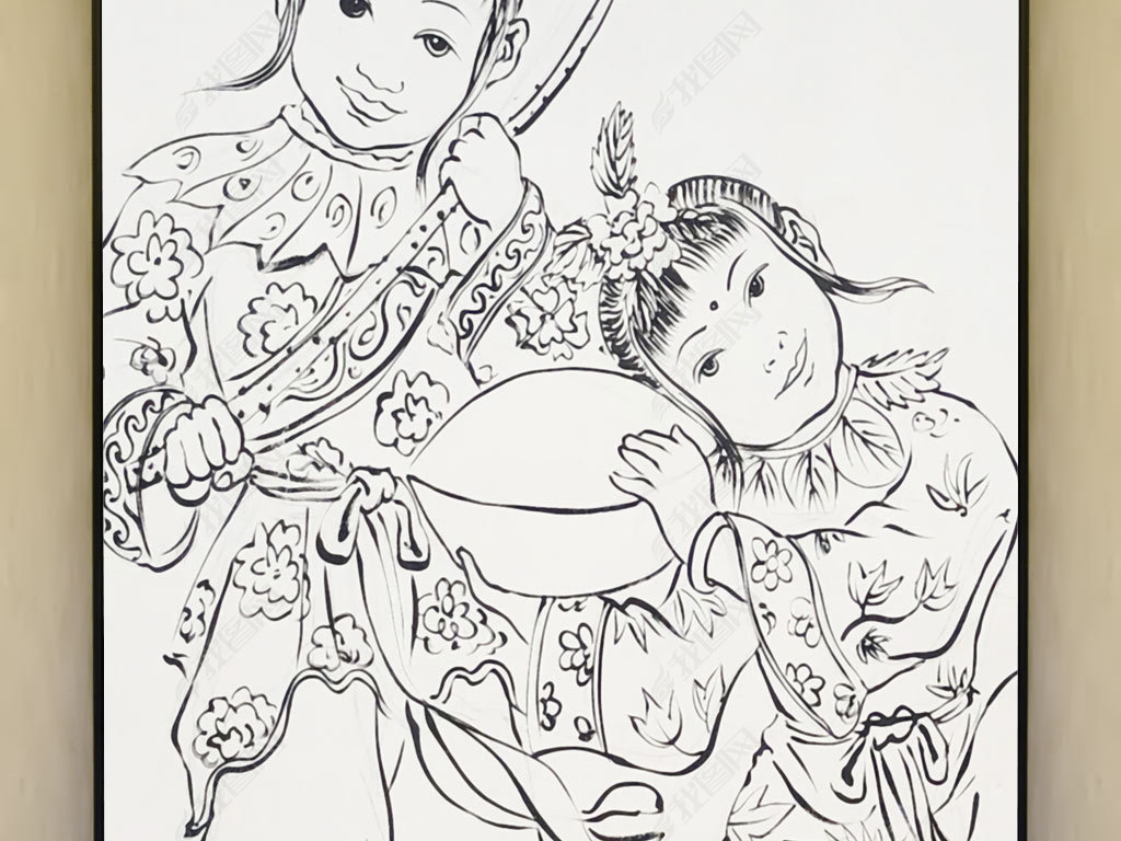 童子仙童荷花中式玄关背景墙装饰画