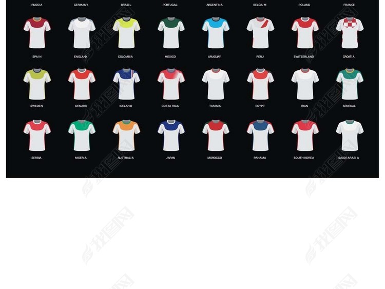 2018年俄罗斯世界杯32支球队队员T恤