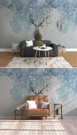 北欧ins风水彩墙绘壁纸树叶麋鹿背景墙