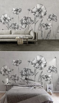 北欧极简手绘黑白花卉背景墙壁纸壁画