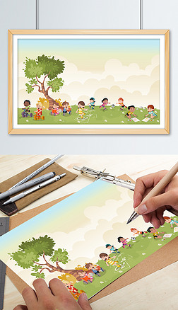 手绘卡通草地上玩耍的学生插画矢量