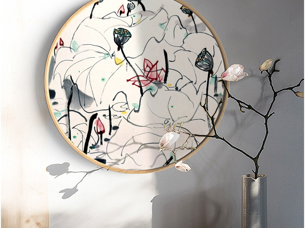 新中式荷花三联圆形装饰画吴冠中水墨荷花