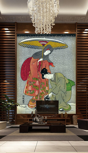 日本浮世绘打伞的女人壁画日式料理店壁画
