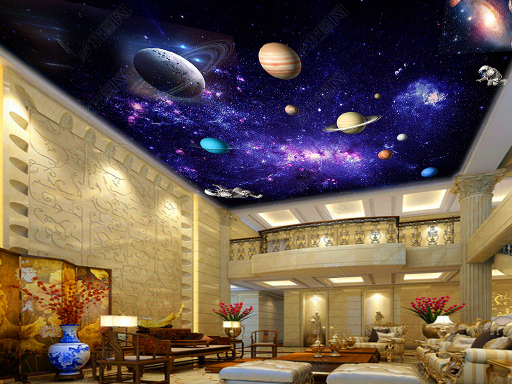 原创紫色梦幻银河系星空太空客厅吊顶天顶壁画