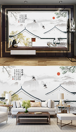 新中式手绘徽派马头墙水墨江南江南情壁画