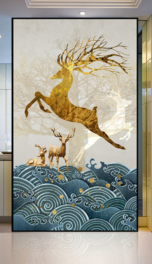 新中式欧美复古手绘梦幻森林鹿踏祥云玄关壁画