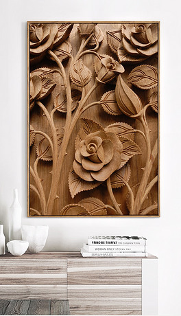 3d立体浮雕新中式花卉花鸟木雕装饰画玄关