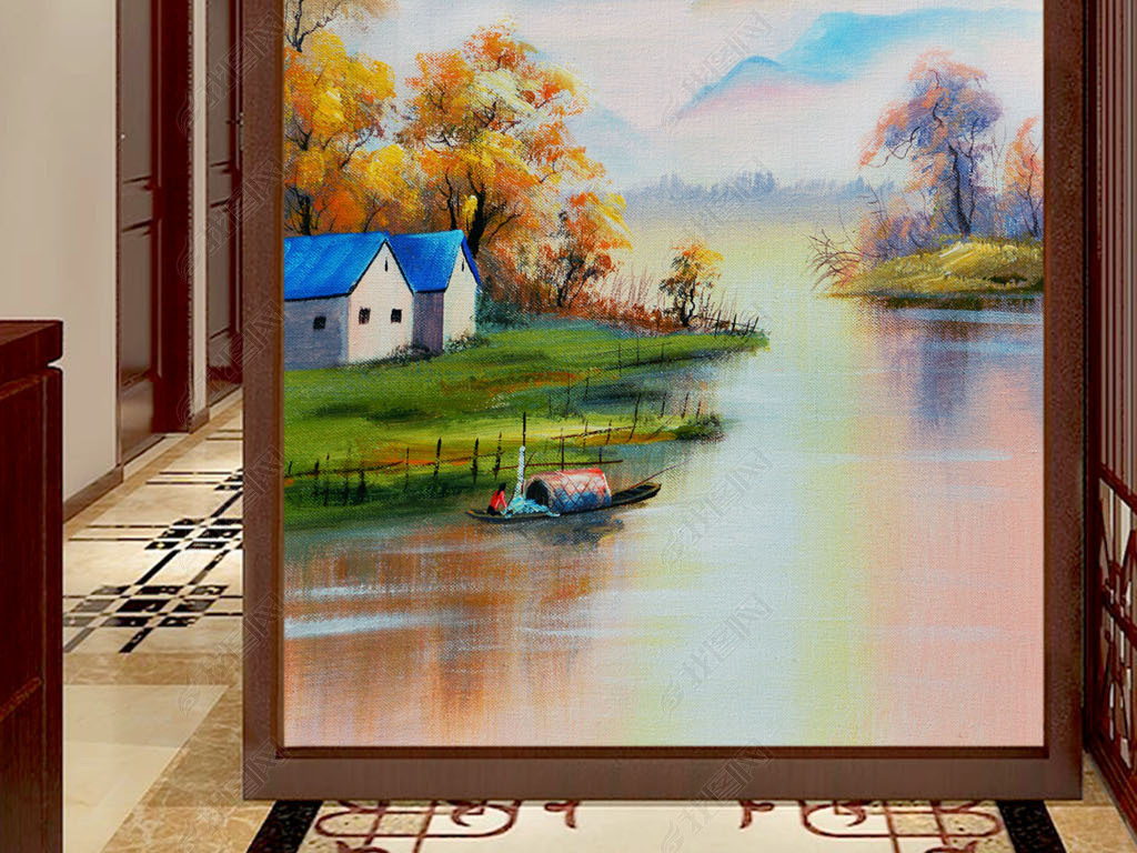 欧式手绘油画唯美山水风景玄关装饰画