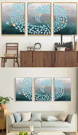 北欧简约金色鱼群装饰画手绘三联无框画