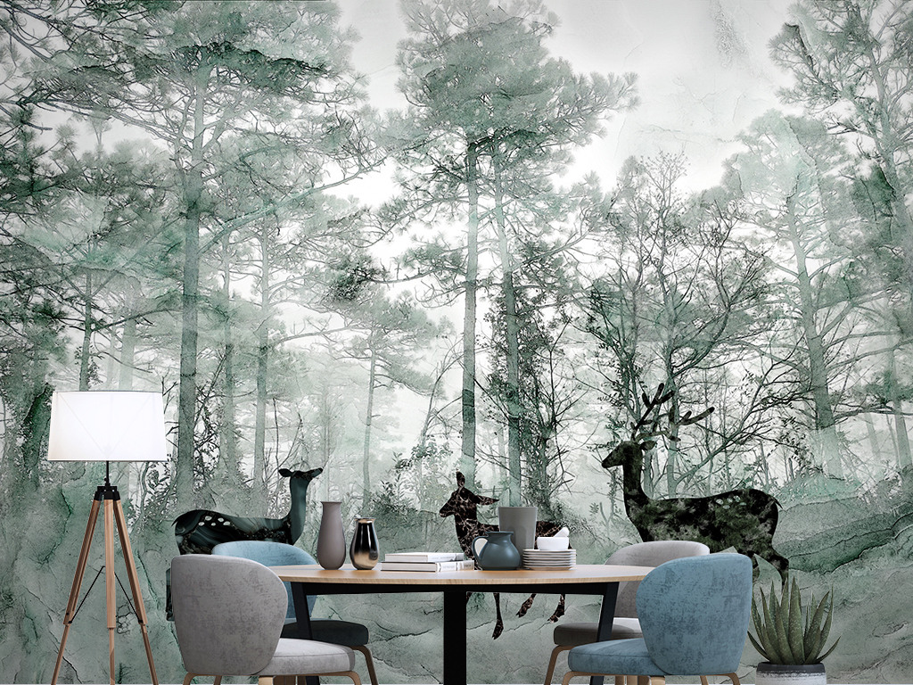 北欧森林麋鹿梦幻大理石纹电视背景墙壁画