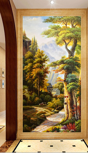 高清立体手绘欧式山水风景油画玄