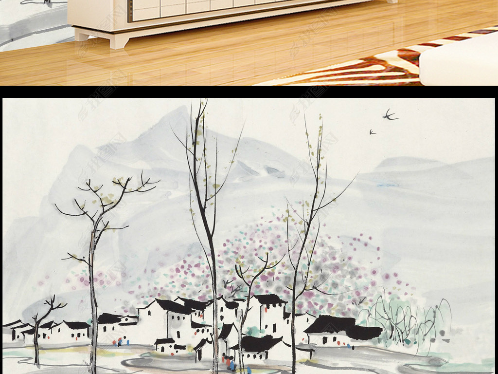 吴冠中江南初春手绘水墨画电视背景墙