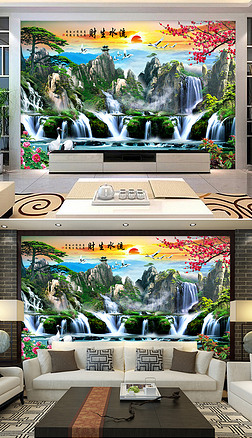 八方聚财山水画壁画背景墙|迎客松聚宝盆流水生财中式山水画电视背景