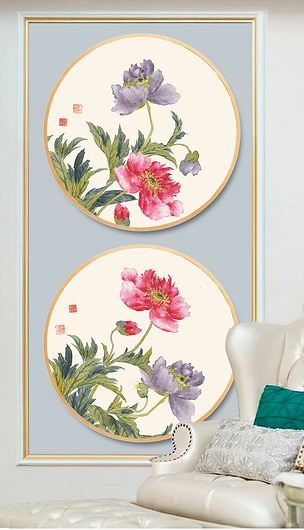 新中式手绘花卉二联圆形装饰画
