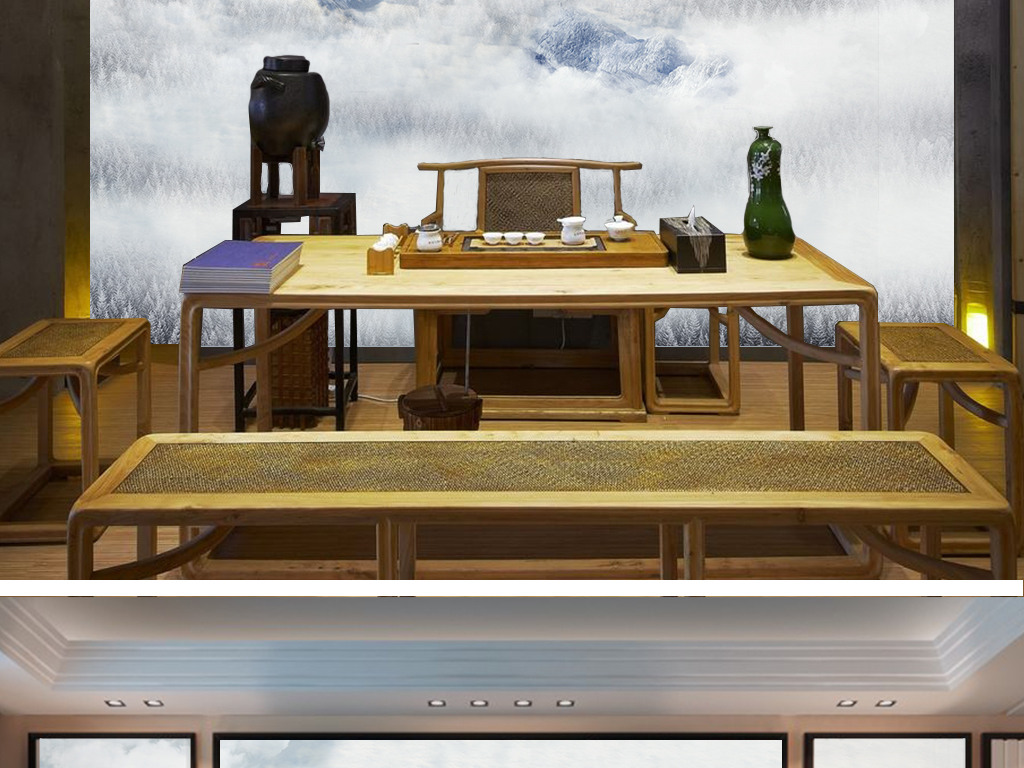 新中式清新北欧松树林石头早安清晨背景墙无框