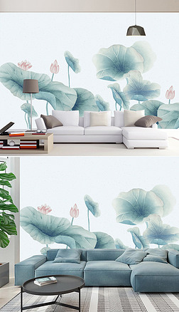 新中式手绘素雅禅意水墨荷花背景墙装饰画