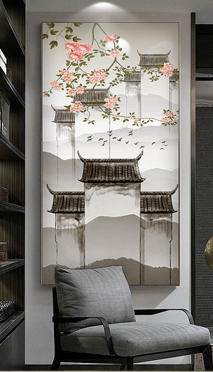 新中式手绘徽派建筑花鸟玄关装饰画壁画