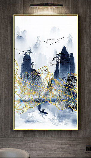 新中式意境水墨山水金色线条玄关背景装饰画