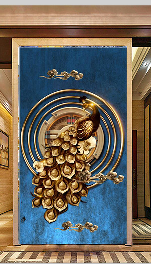 新中式浮雕金色孔雀玄关背景墙