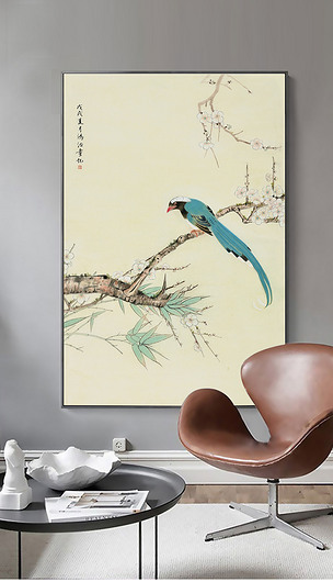 新中式手绘梅花喜鹊工笔花鸟玄关背景墙装饰画
