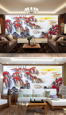 新中式风水画鸿运当头招财聚宝盆水墨背景墙