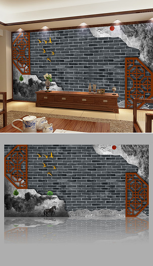 3d砖墙古典新中式隔断沙发背景墙