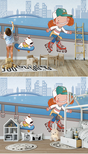 女孩轮滑儿童房背景墙壁画