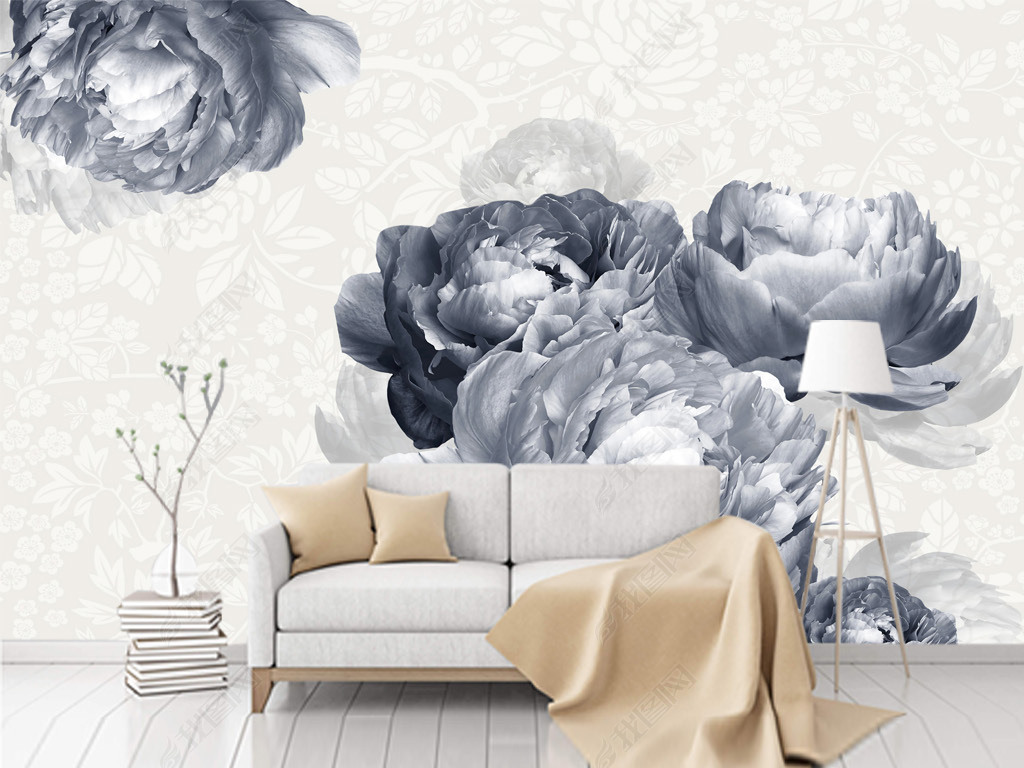 北欧极简手绘黑白花卉背景墙壁纸壁画