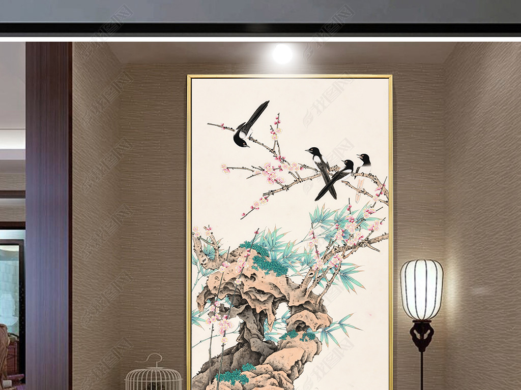 新中式手绘花鸟喜鹊工笔画国画玄关装饰画背景墙