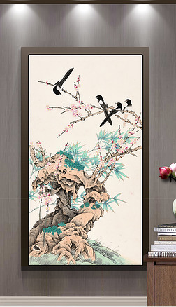 新中式手绘花鸟喜鹊工笔画国画玄关装饰画背景墙