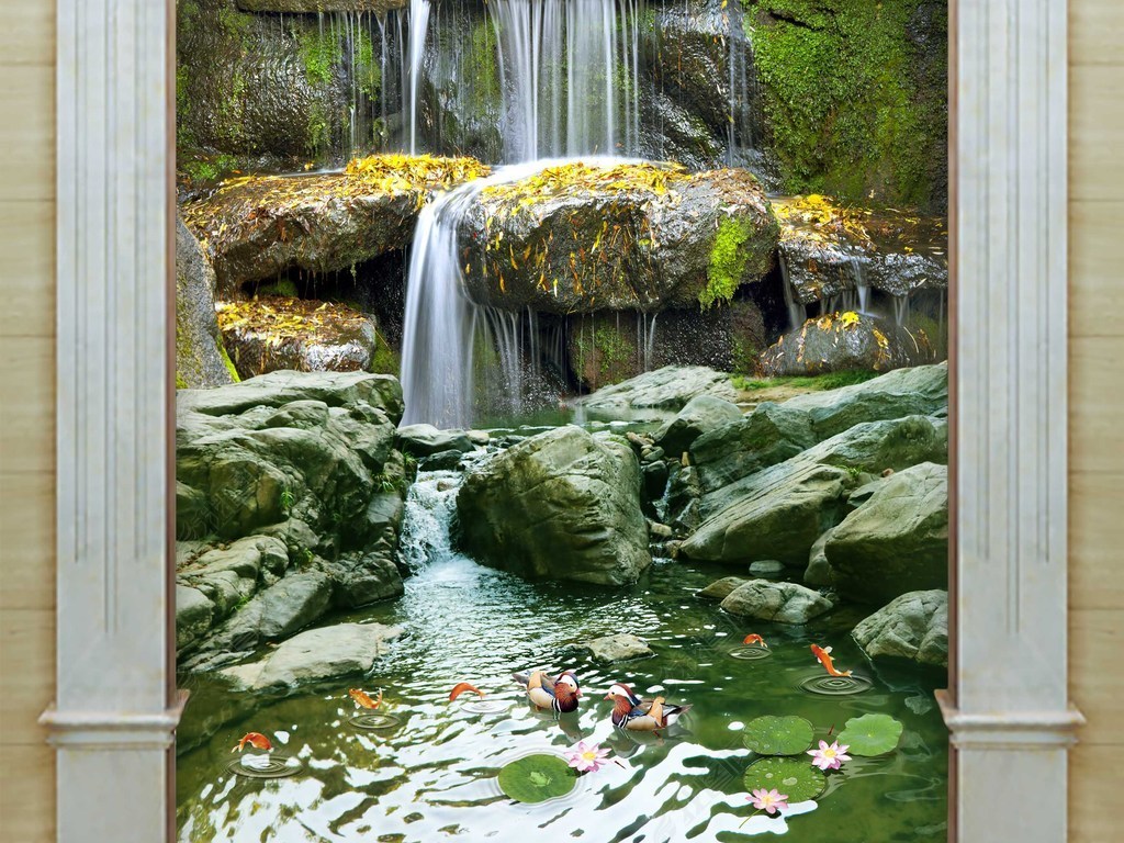 原始自然风景画流水生财3d立体玄关背景墙