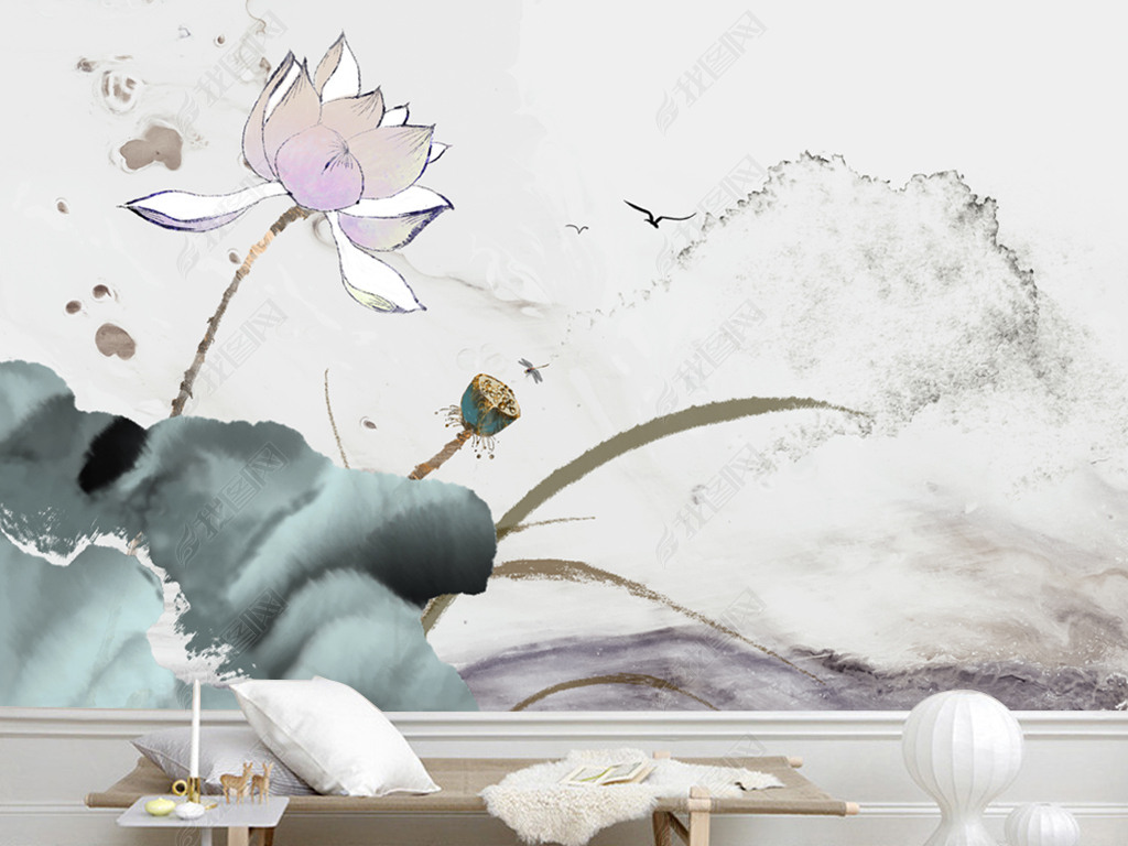 原创淡雅新中式手绘荷花意境水墨客厅电视背景墙