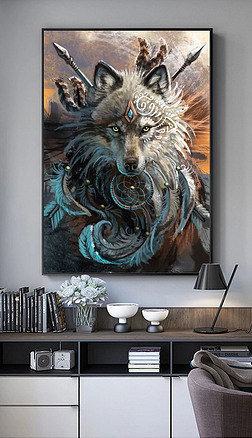 北欧手绘复古怀旧狼王狼图腾装饰画背景墙