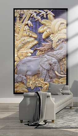 3d立体浮雕金色树叶大象麋鹿玄关背景墙装饰画