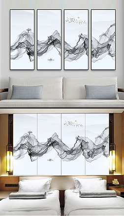 新中式意境山水画抽象水墨电视背景墙四联画