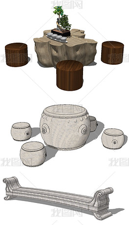 中式石桌石凳模型