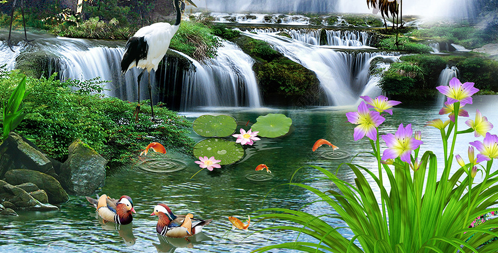 风景山水流水生财迎客松玄关电视背景墙下载-编号18446927-动物花鸟